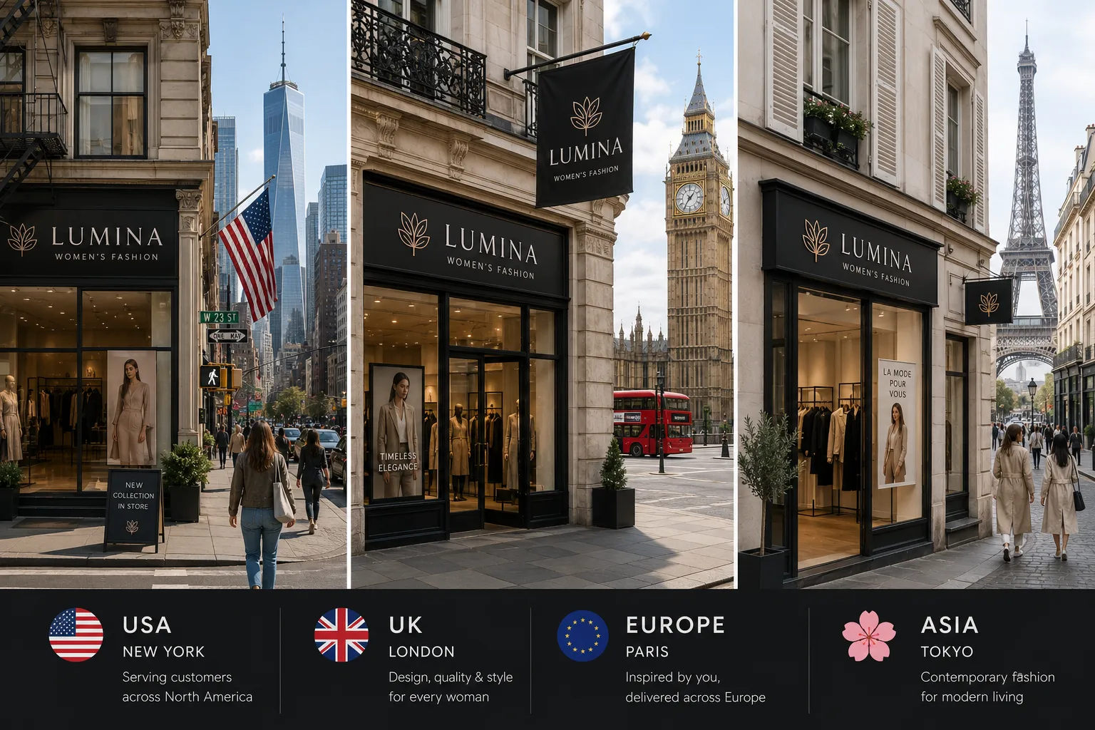 Photorealistic montage showing a global fashion brand operating stores across North America, the UK, Europe, and Asia, representing the complexity of managing accessibility, compliance, and customer experience across multiple international ecommerce markets.