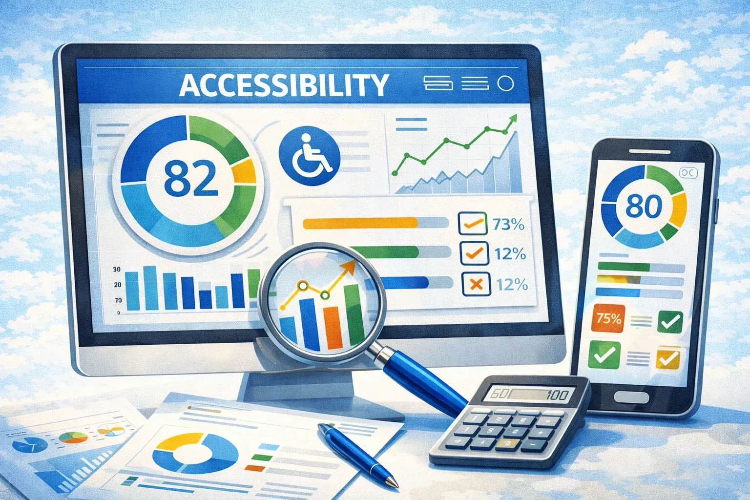 Computer and smartphone displaying accessibility dashboards with charts, scores and progress bars for measuring compliance.