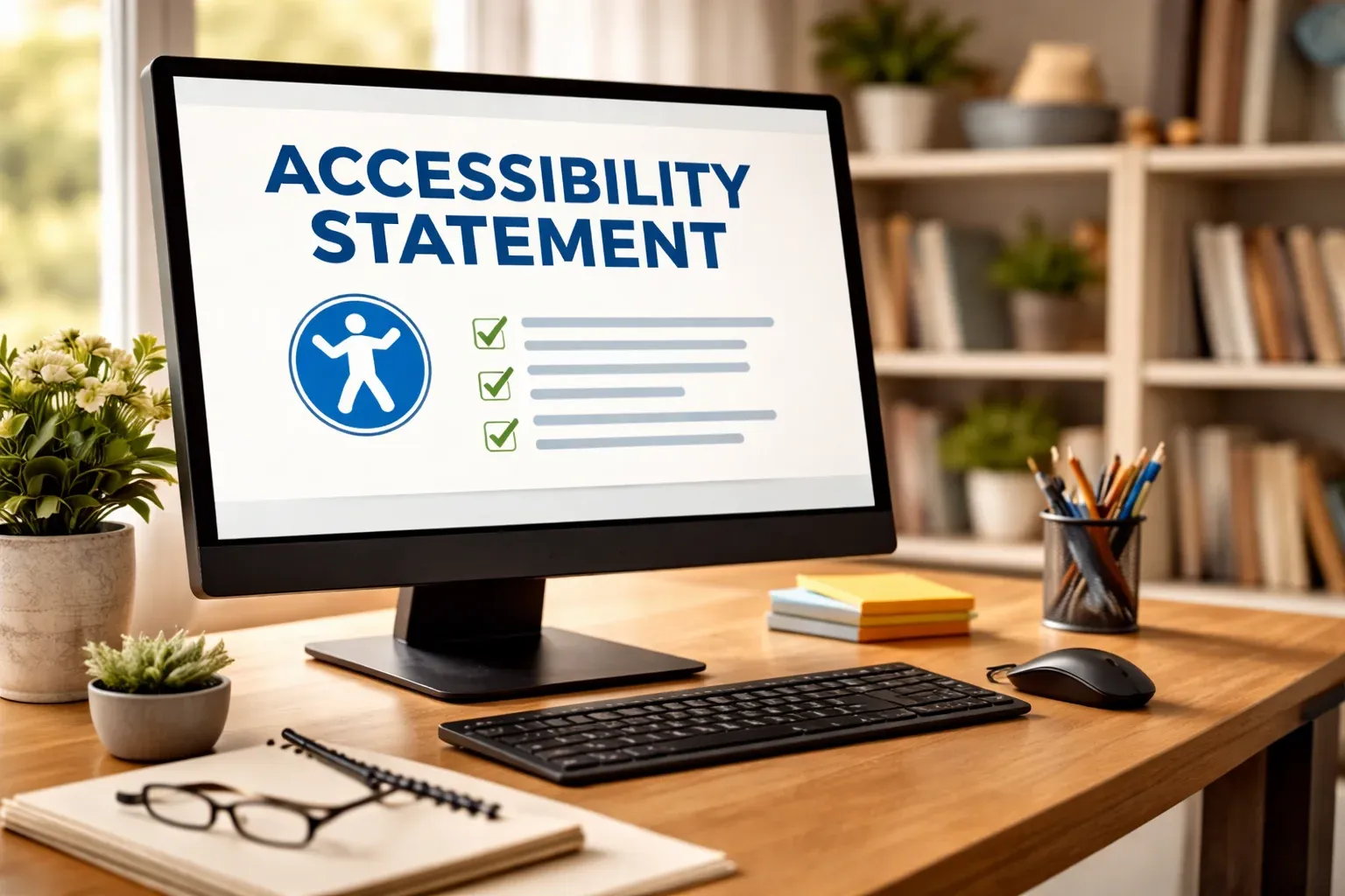 Desktop computer displaying the words 'Accessibility Statement' with checklist icons, a keyboard and notebook nearby.