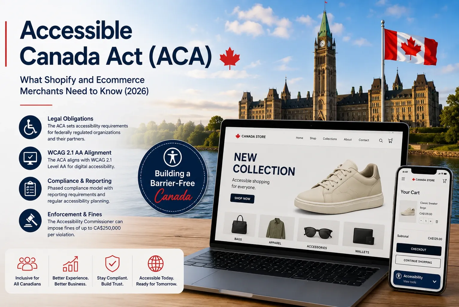 Accessible Canada Act infographic with Parliament Hill, beside a laptop and phone showing an accessible online store.