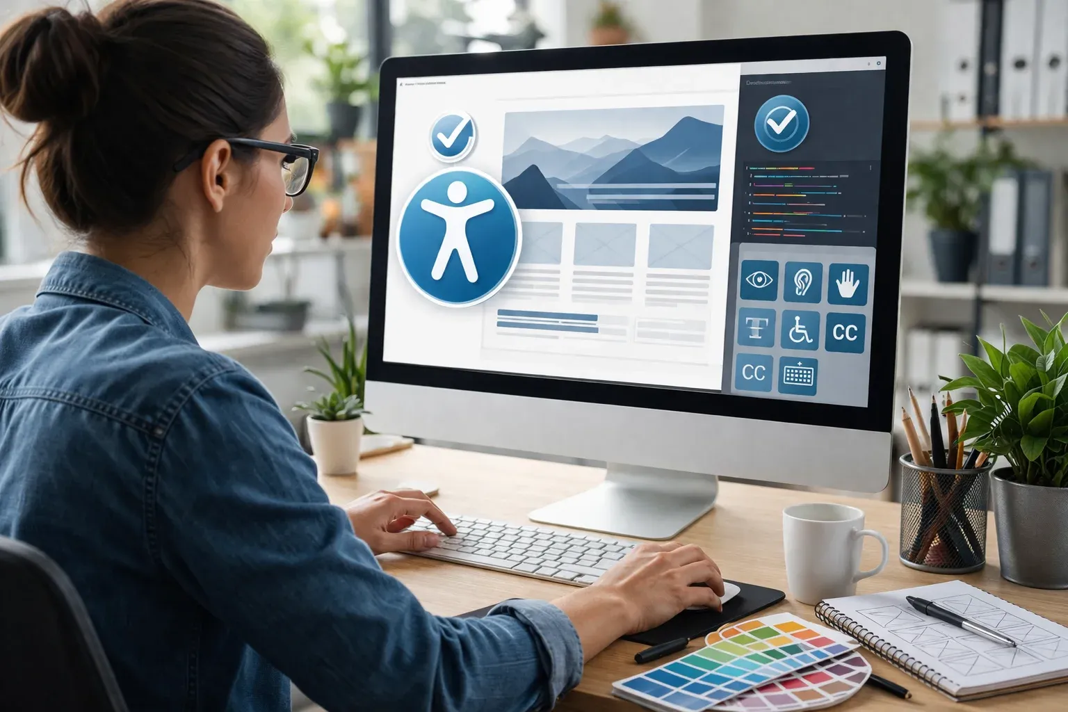 Designer at a computer creating a website interface with accessibility features, with design tools on the desk.