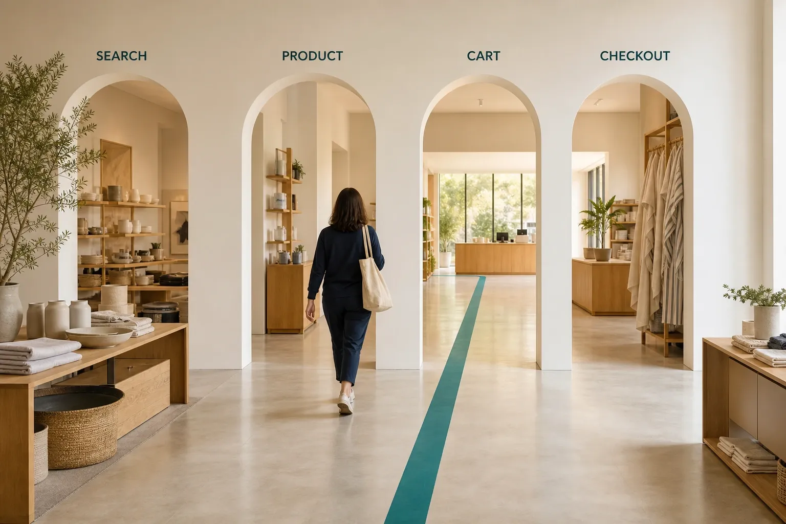 Shopper walking through archways labelled Search, Product, Cart and Checkout, following a teal path to the checkout counter.