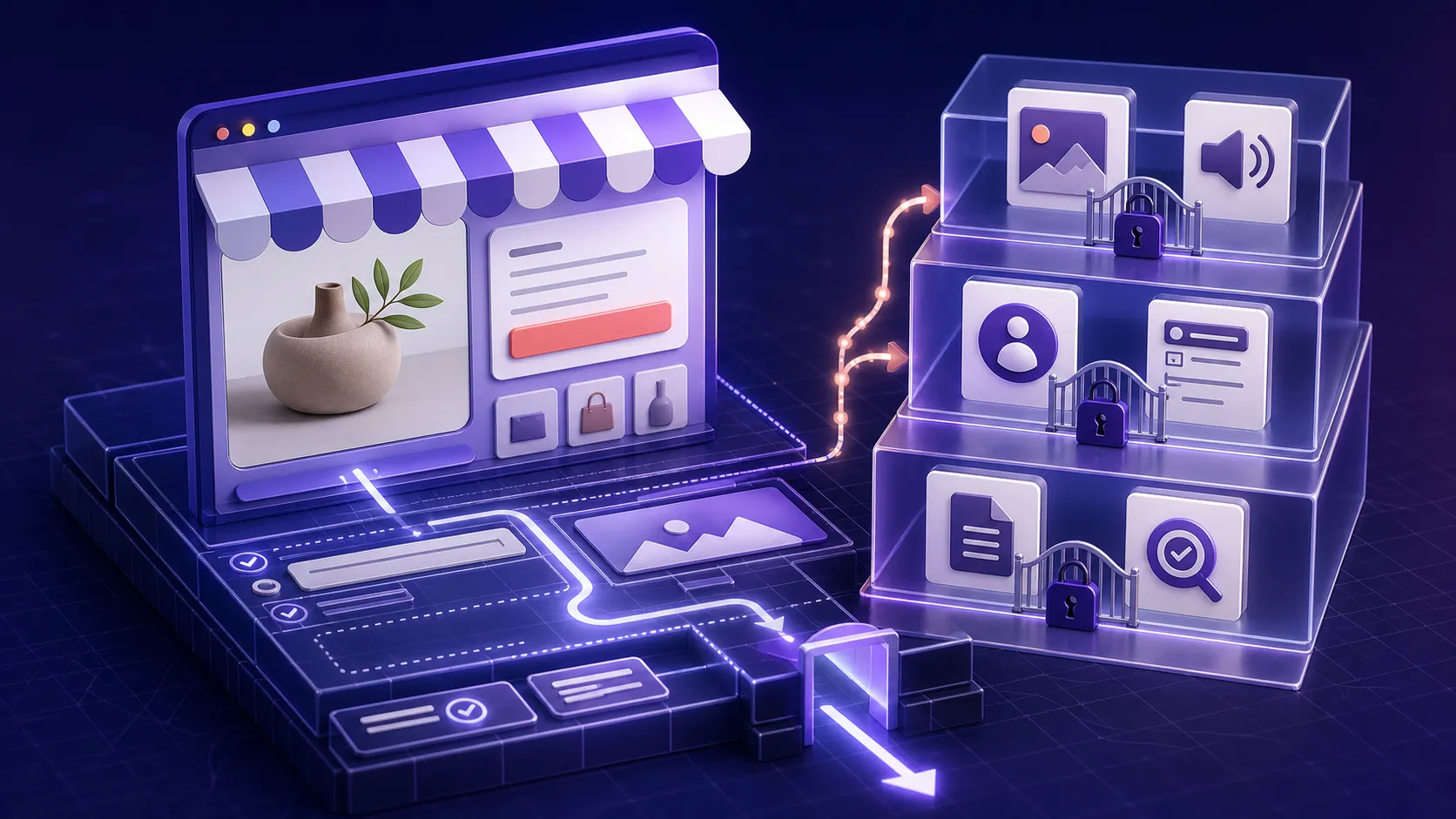 An online store sits above accessible code pathways beside three locked tiers of accessibility features