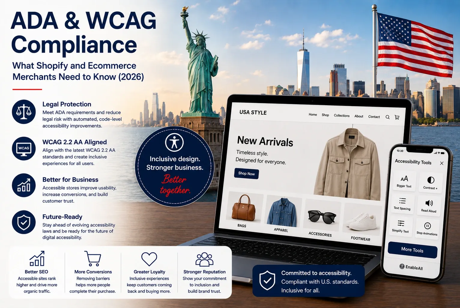 ADA and WCAG 2.2 AA compliance infographic with the Statue of Liberty, beside a laptop showing an accessible online store.