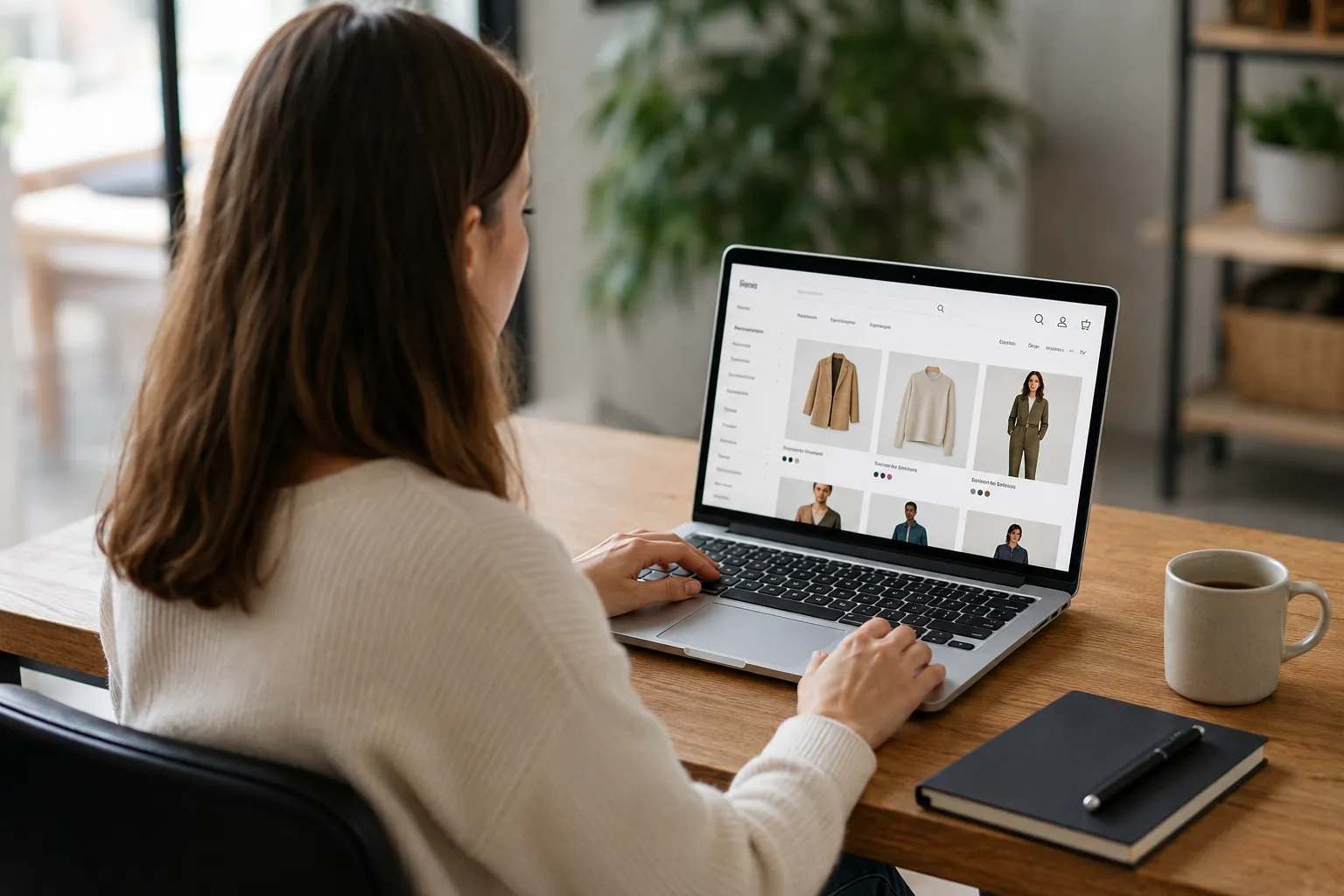 Woman shopping on an e-commerce website on a laptop at a wooden desk in a modern home office, illustrating online retail and digital accessibility.