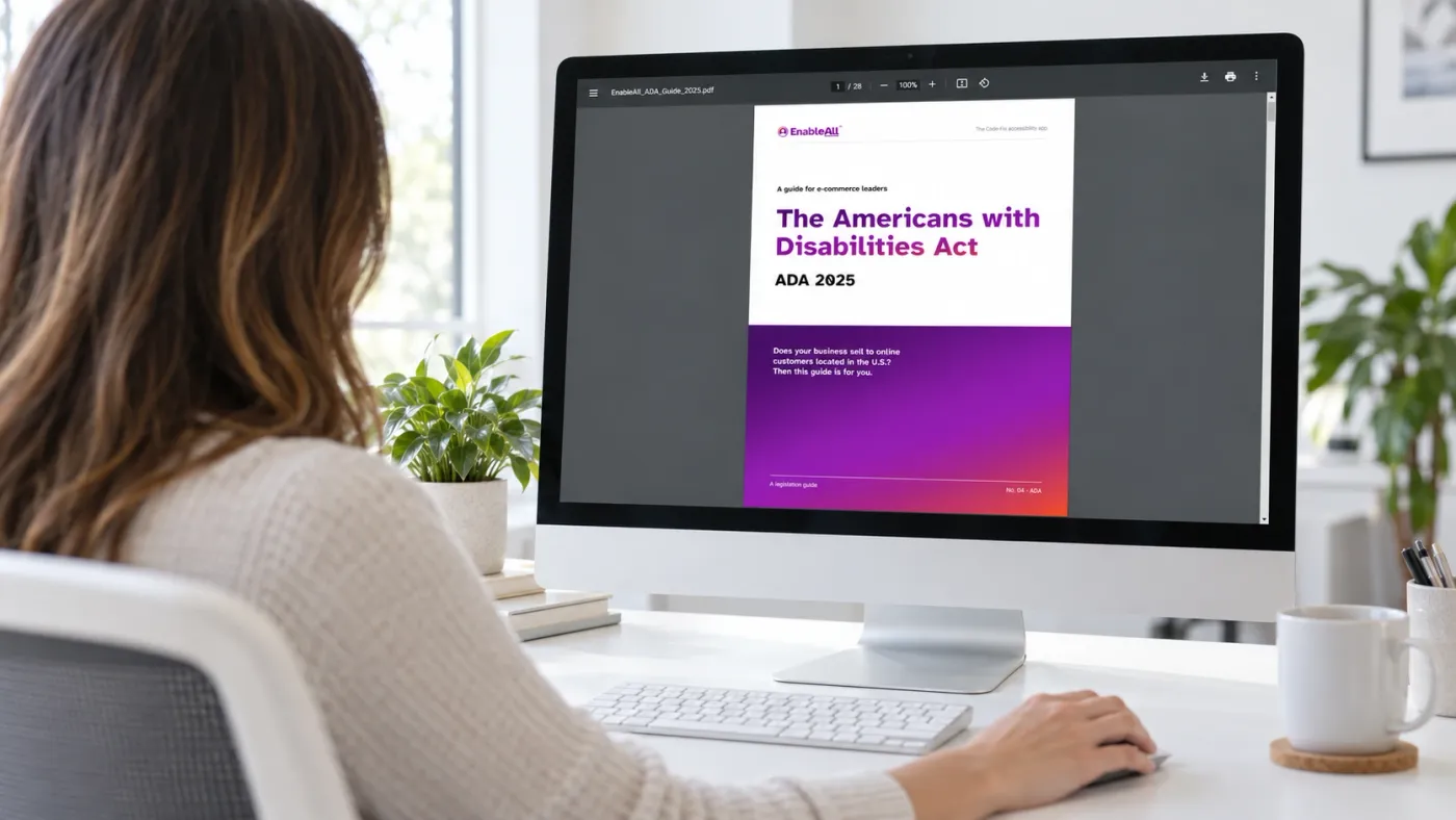 Person reading EnableAll’s 2025 Americans with Disabilities Act guide on a desktop monitor.