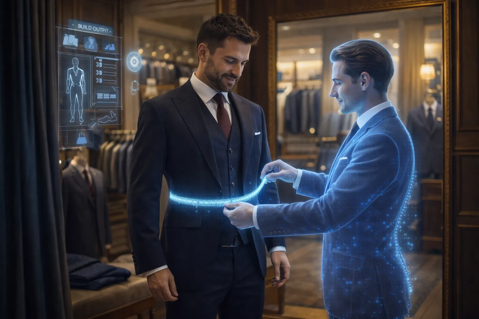 A wide, photorealistic scene inside a high-end Savile Row tailor shop, where a well-dressed man stands in a fitting area while a blue holographic male tailor measures his suit with a glowing tape, surrounded by elegant wood paneling, mirrors, and racks of luxury suits.
