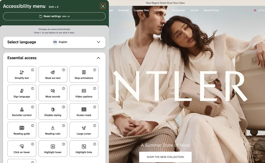 Antler homepage with the EnableAll Assist-Bar open, beside a hero image of two models with luggage.