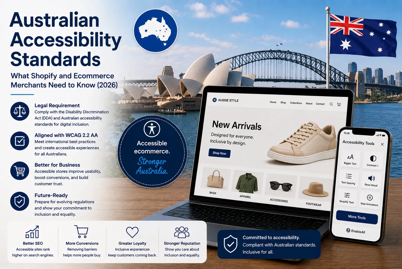 Australian accessibility standards infographic with the Sydney Opera House, beside an accessible online store.