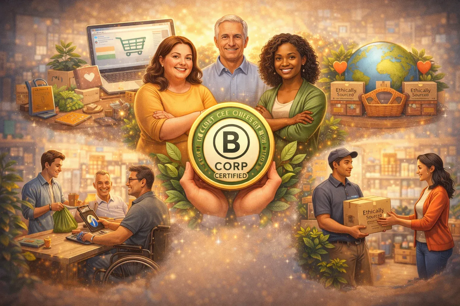 Illustration featuring the B Corp certification logo surrounded by inclusive shopping and accessible interfaces.