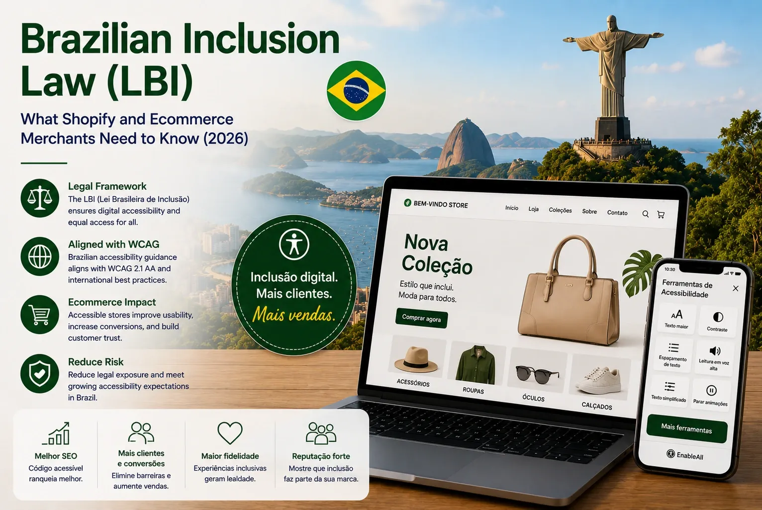 Brazilian Inclusion Law infographic with Christ the Redeemer and a laptop showing an accessible store in Portuguese.