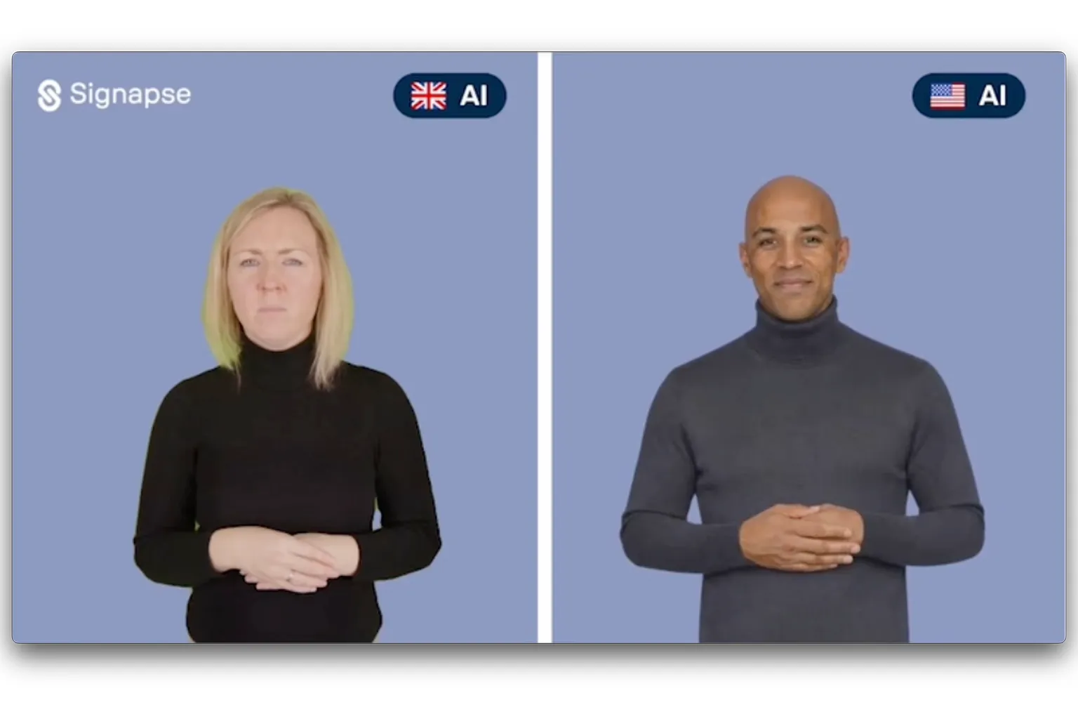 Side-by-side comparison of two AI-generated sign language avatars on a light blue background. The left panel, labeled with a UK flag and “AI,” shows a blonde person wearing a black turtleneck with hands held together at waist height. The right panel, labeled with a US flag and “AI,” shows a bald person wearing a dark grey turtleneck in a similar signing pose. The Signapse logo appears in the top-left corner, highlighting a comparison between British Sign Language (BSL) and American Sign Language (ASL) AI avatars.