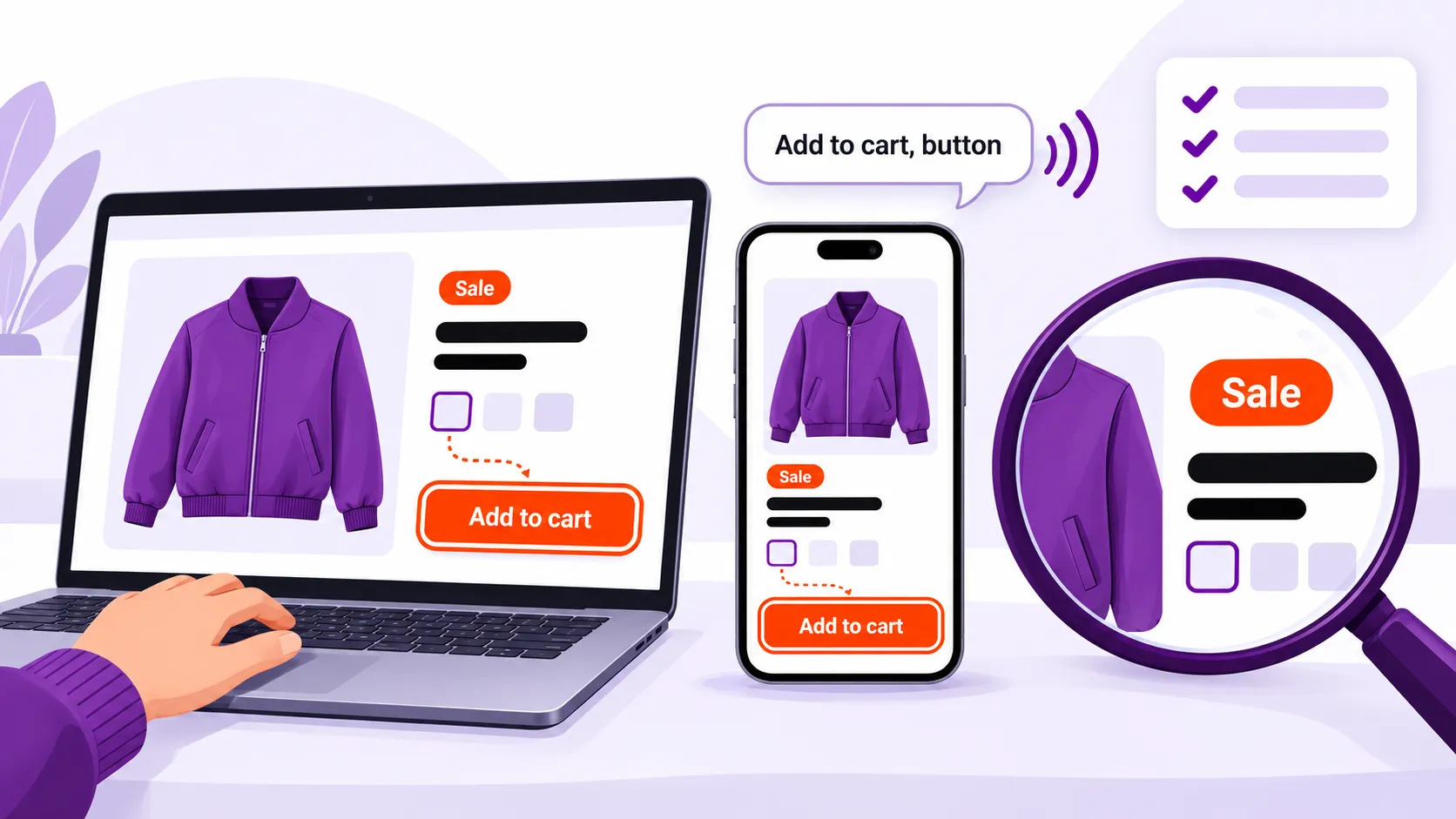 Illustration of an online store product page used three ways: by keyboard with a visible focus outline, by a screen reader on a phone announcing the Add to cart button, and zoomed in with high-contrast text.