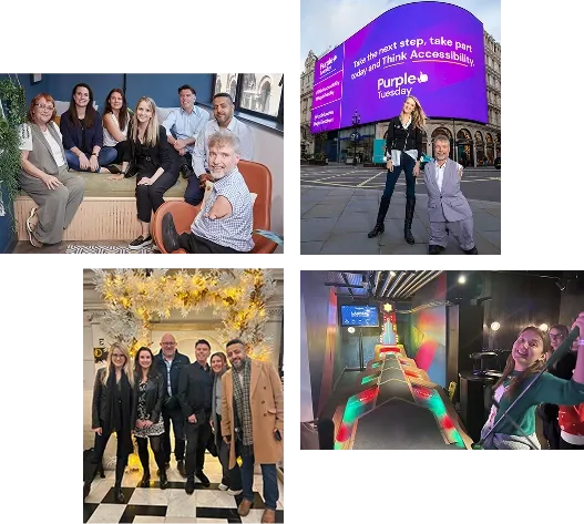 Photo collage of the EnableAll team in the office, at Piccadilly Circus for Purple Tuesday, and at team events.