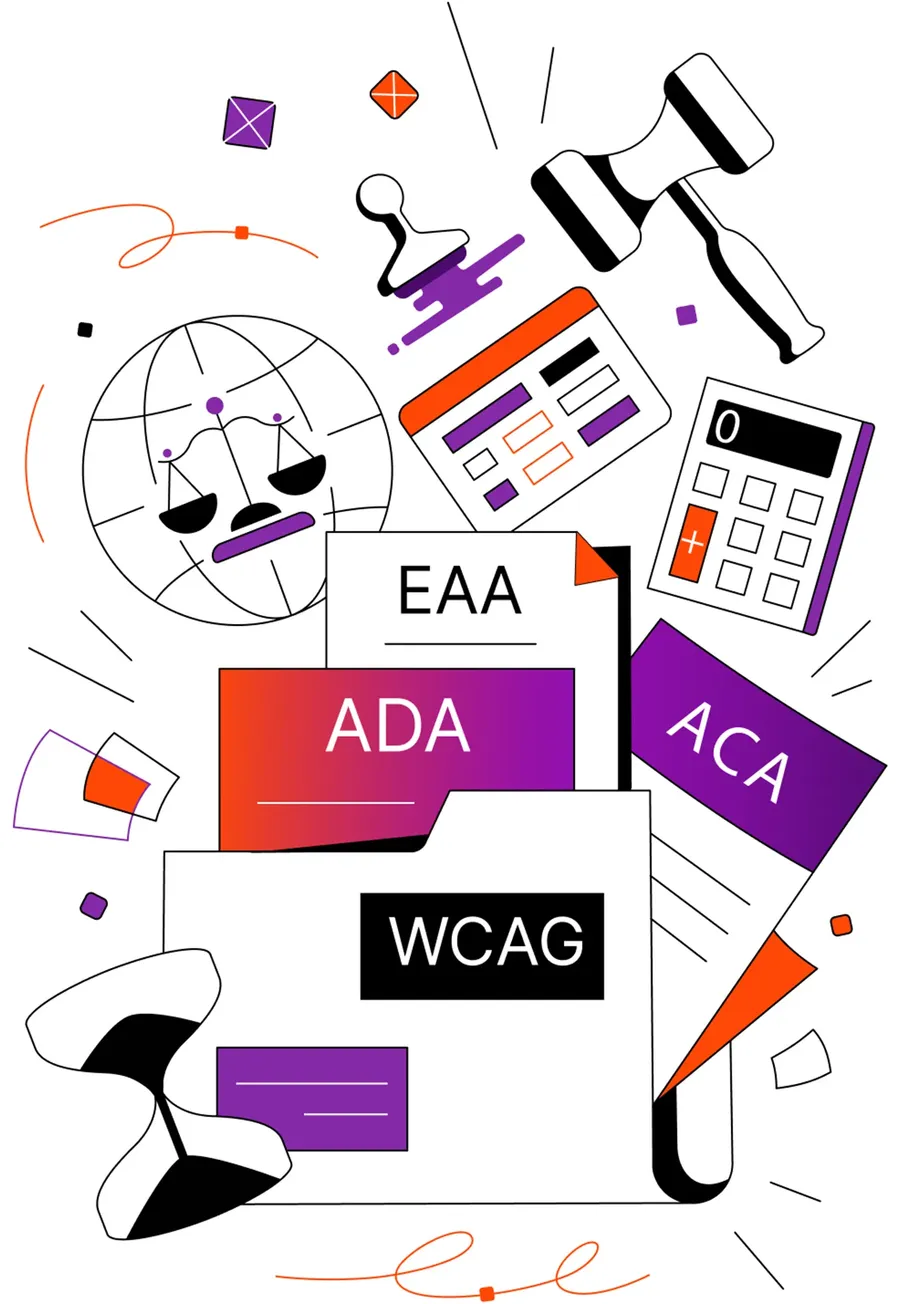 Illustration of a WCAG folder containing ADA, ACA and EAA documents, beside a globe, scales of justice and a gavel.