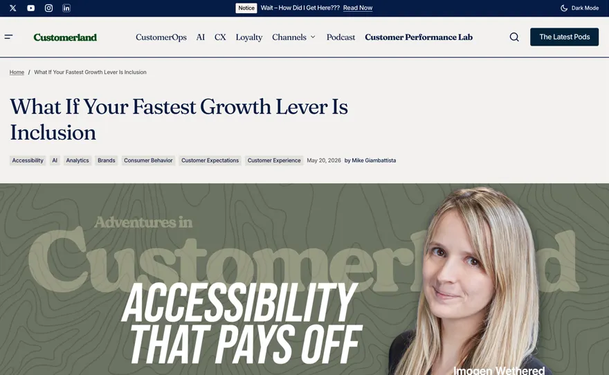 Image of the Customerland homepage with the headline "What If Your Fastest Growth Lever Is Inclusion?" and image of EnableAll CEO Imogen Wethered