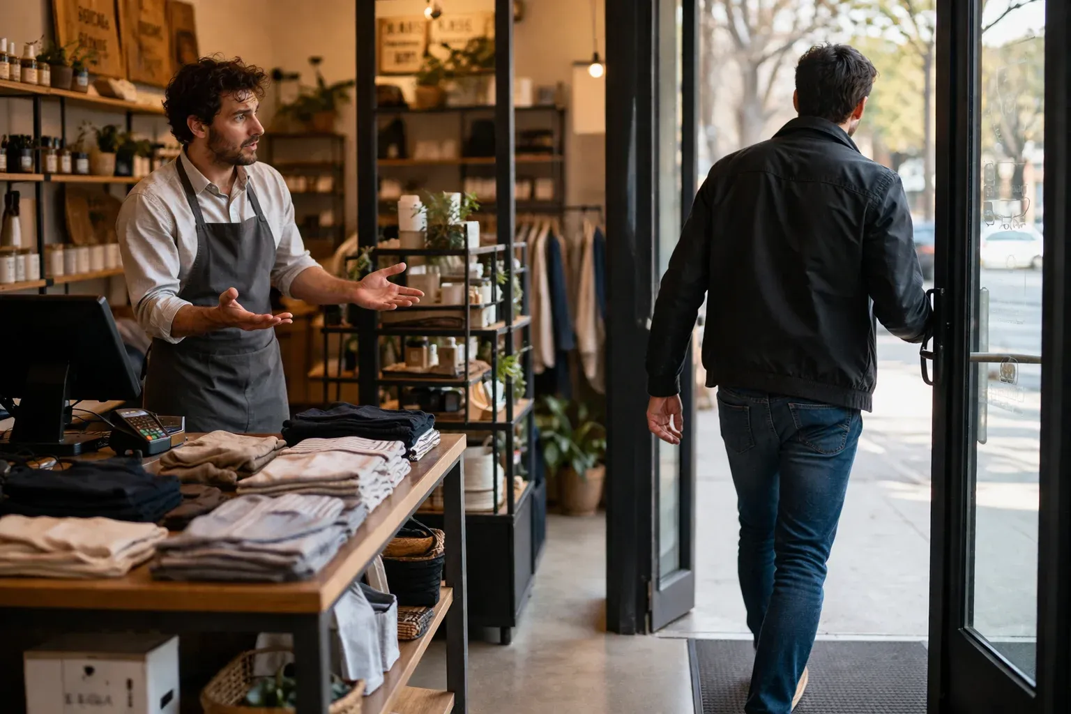 A customer walks out of a shop while a confused shopkeeper watches, highlighting lost sales and missed opportunities.