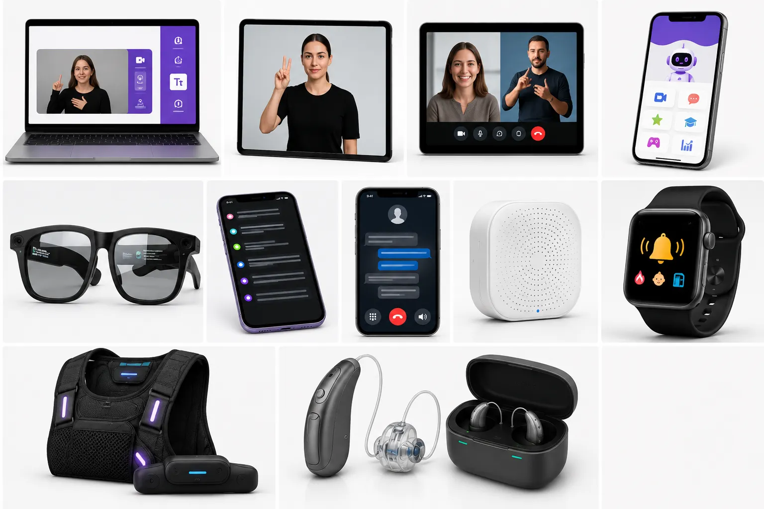 A clean white-background montage of deaf accessibility technology products arranged in a grid. The image features a laptop displaying sign language accessibility software, a tablet with a sign language interpreter, a video relay call interface, and a smartphone app for sign language learning. Other products include smart captioning glasses, live transcription smartphone apps, a compact smart sound-alert device, a smartwatch displaying sound notifications, a wearable haptic music vest, and modern AI-powered hearing aids in a charging case. The overall style is minimal, modern, and editorial, showcasing innovative assistive technology for deaf and hard-of-hearing users.