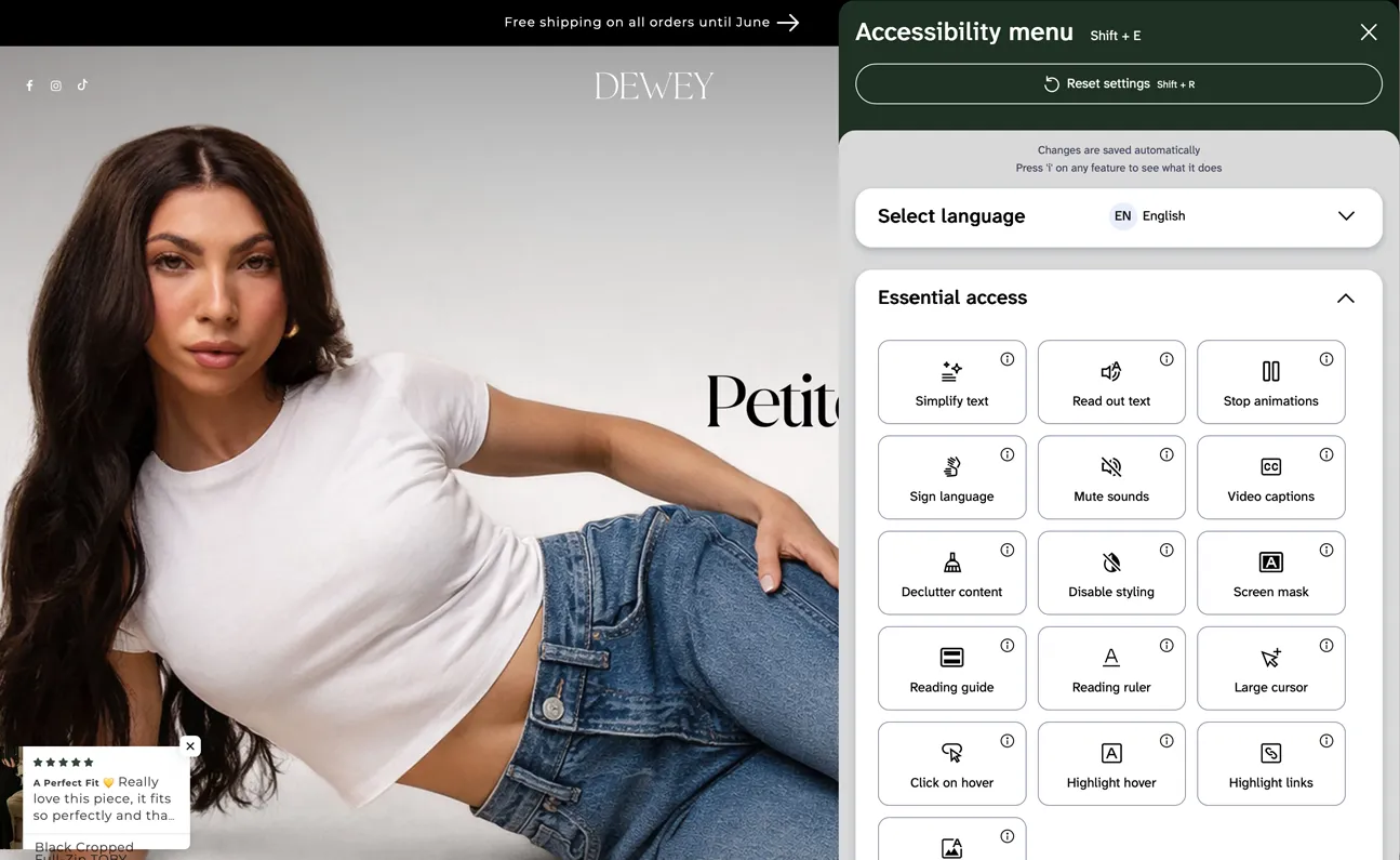 The Dewey homepage featuring a model wearing Dewey jeans, with the EnableAll Assist-Bar activated on the right.