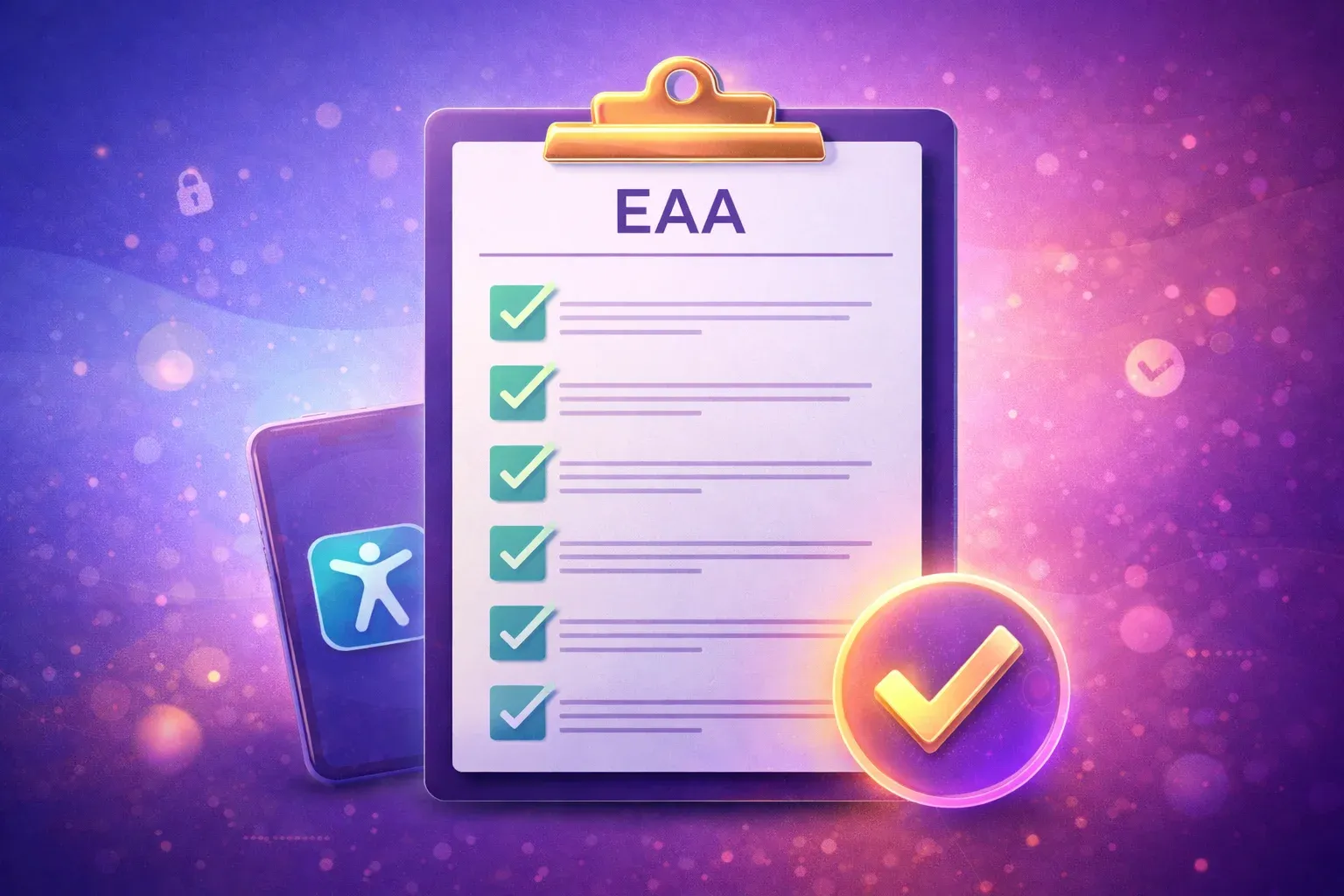 Clipboard showing an EAA checklist with six ticked items, beside a smartphone with a glowing accessibility checkmark.