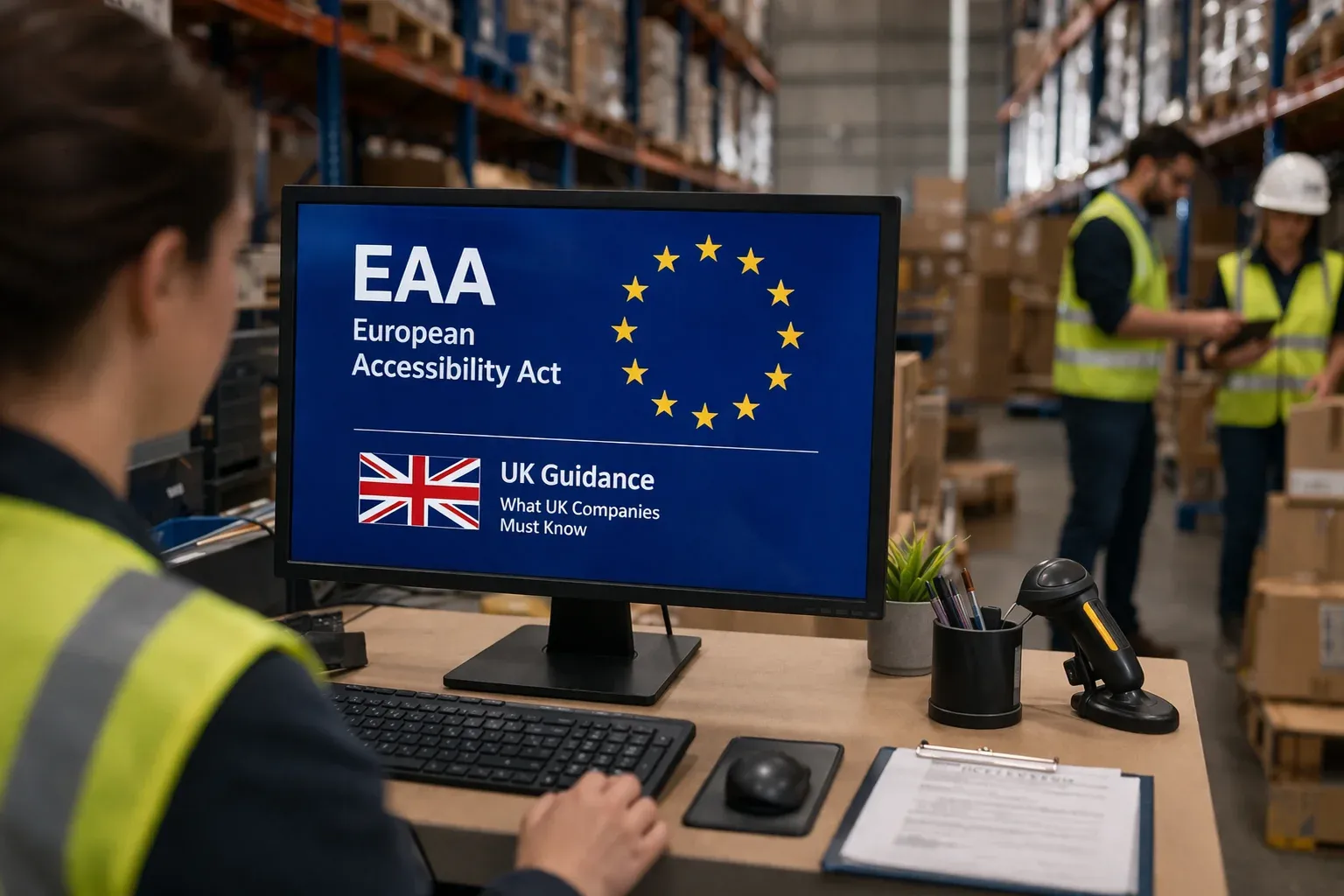 Warehouse scene with workers handling boxes beside a monitor showing EU flags and European Accessibility Act information.