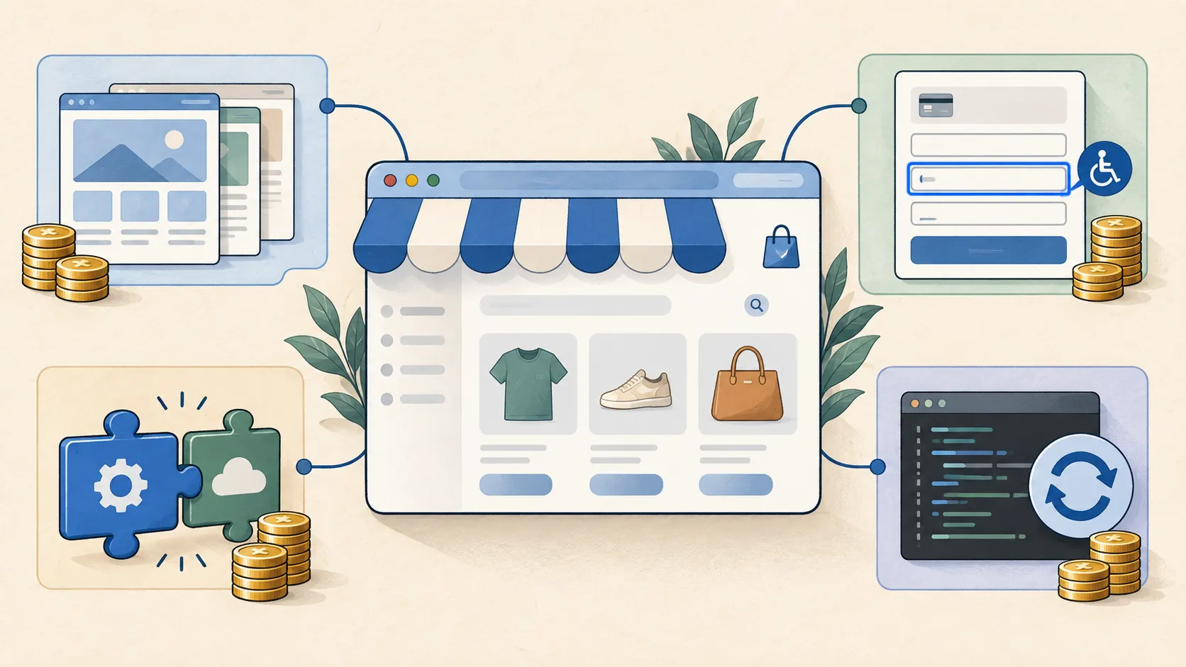 Online store connected to templates, checkout forms, integrations and ongoing code fixes, with coins representing accessibility costs.