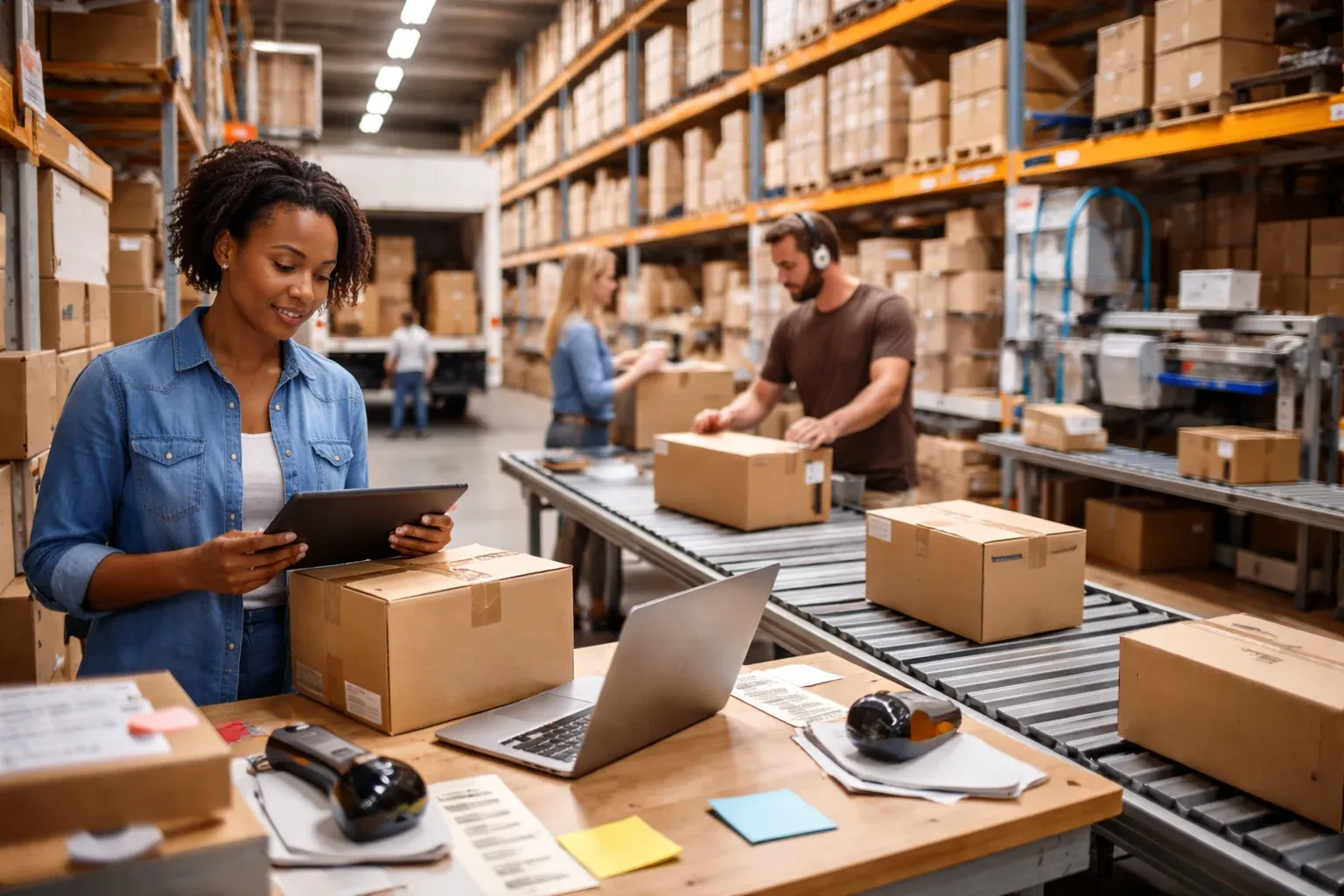 Photorealistic image of a busy e-commerce warehouse with workers packing orders on conveyor belts using tablets and laptops.