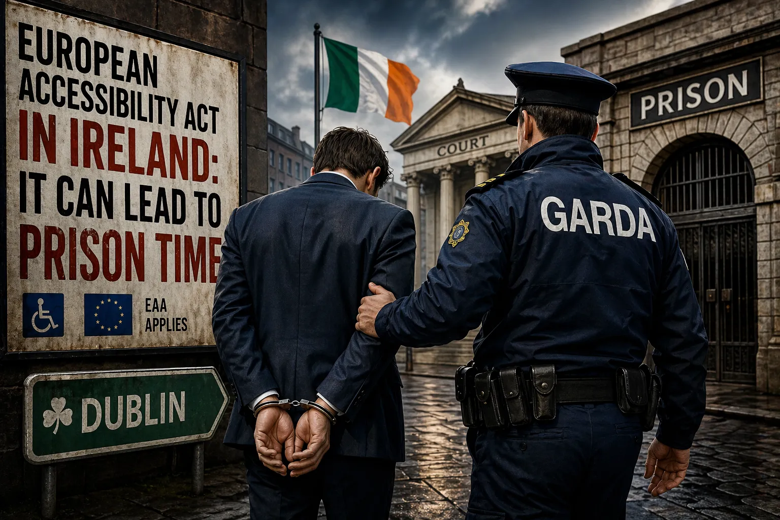 Illustration of a man in handcuffs being escorted by Irish police toward a courthouse and prison in Dublin, representing criminal penalties under the European Accessibility Act in Ireland