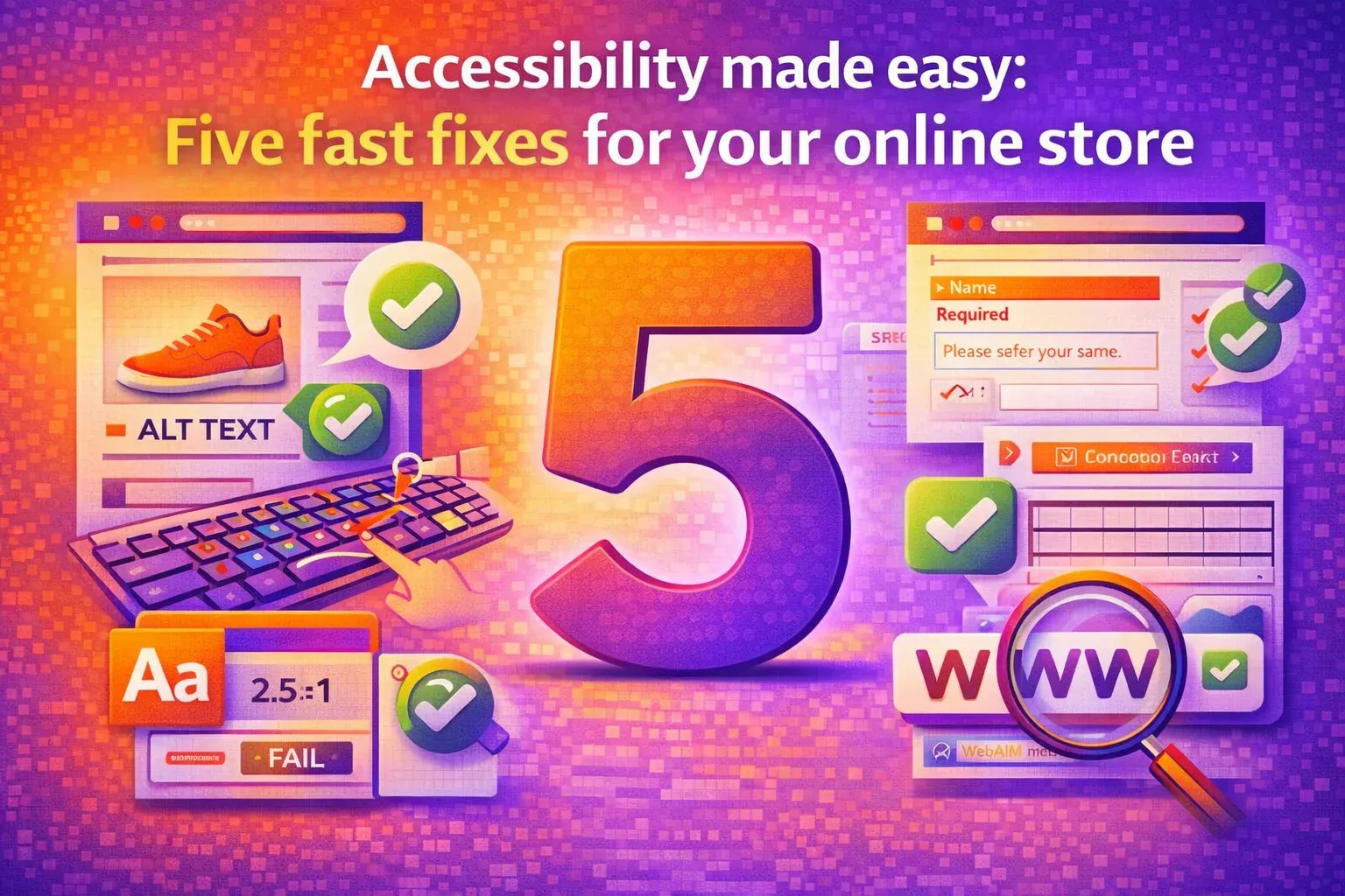 Illustration of the number 5 surrounded by accessibility icons: alt text, keyboard navigation and contrast checks.
