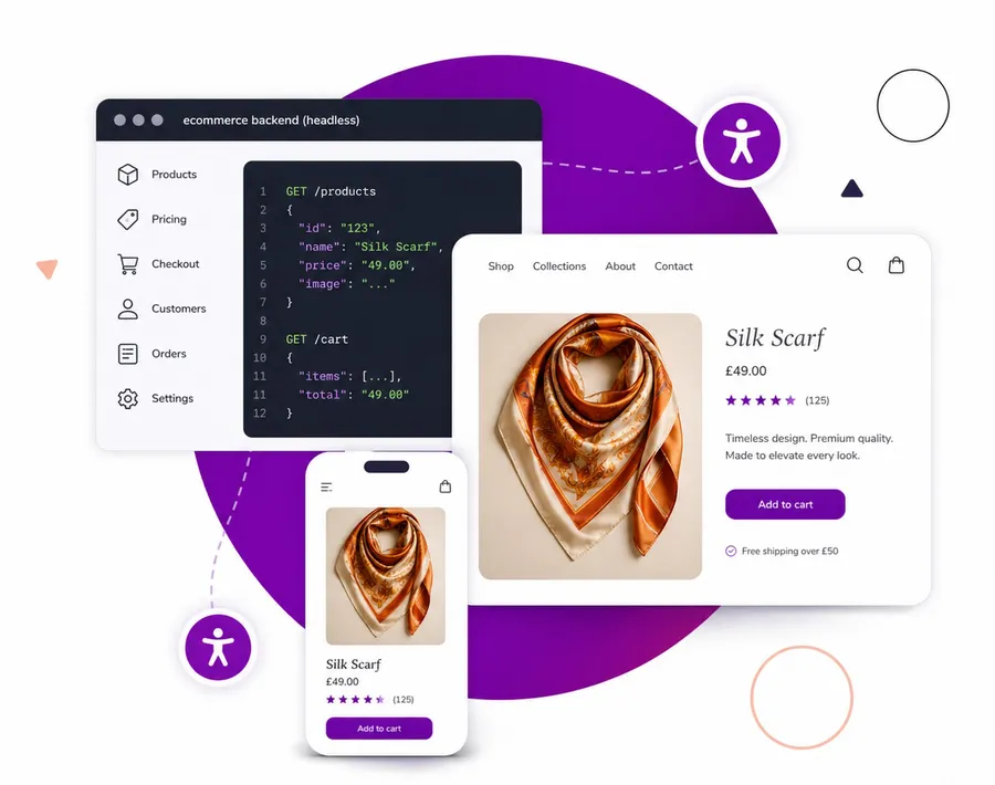 A montage of app windows and code from a ecommerce content management system