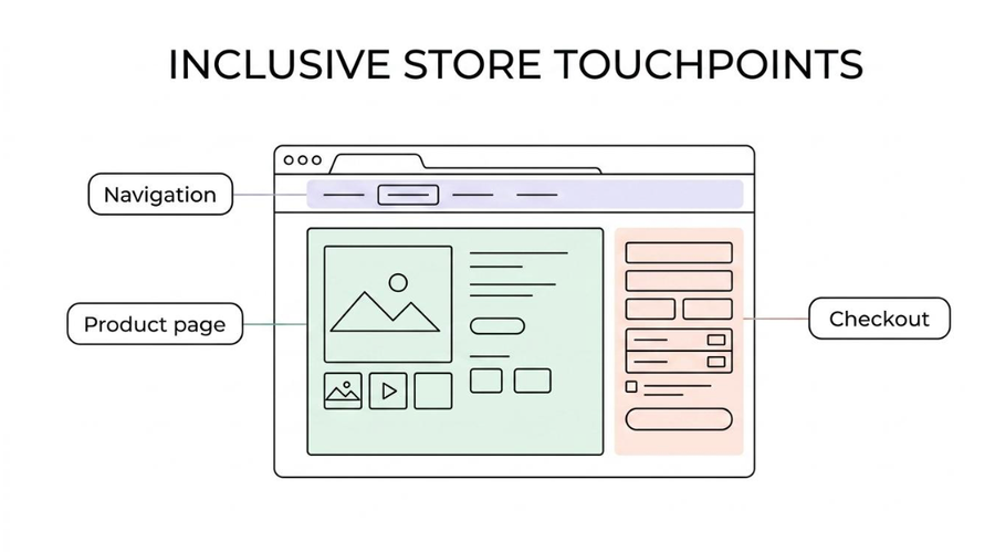 A wire frame graphic highlighting navigation, checkout and product page