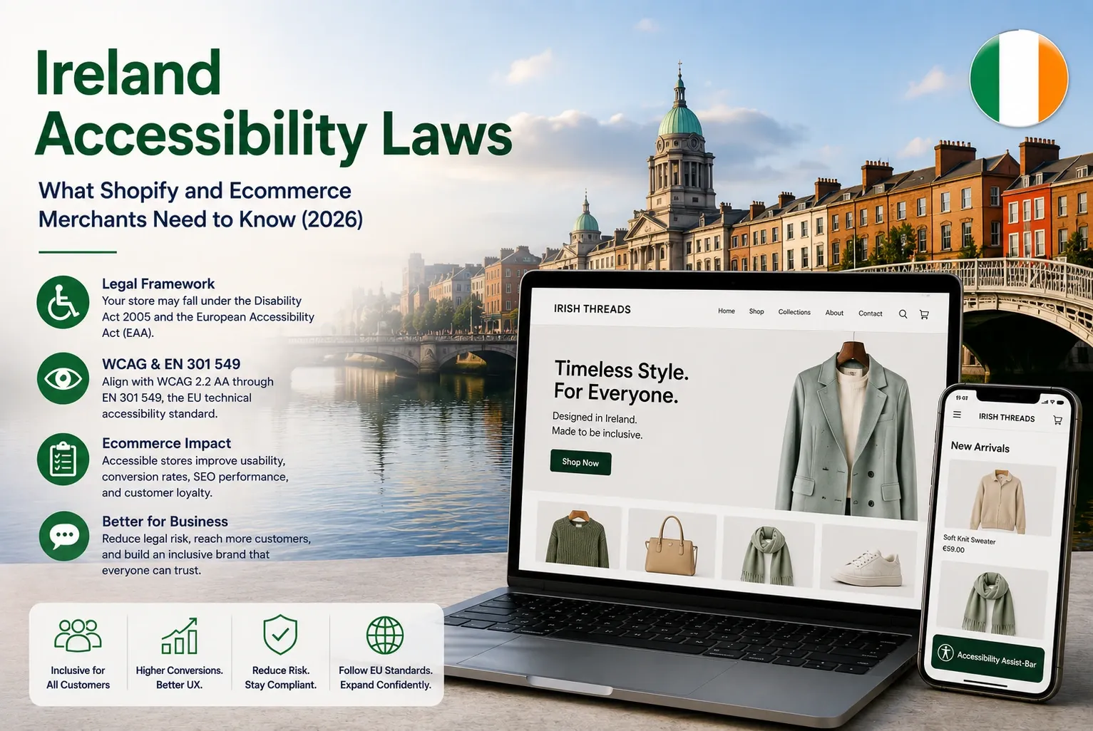 Ireland accessibility laws infographic for ecommerce, featuring a Dublin riverside cityscape and the Irish tricolour flag beside a laptop and phone showing an accessible online store.