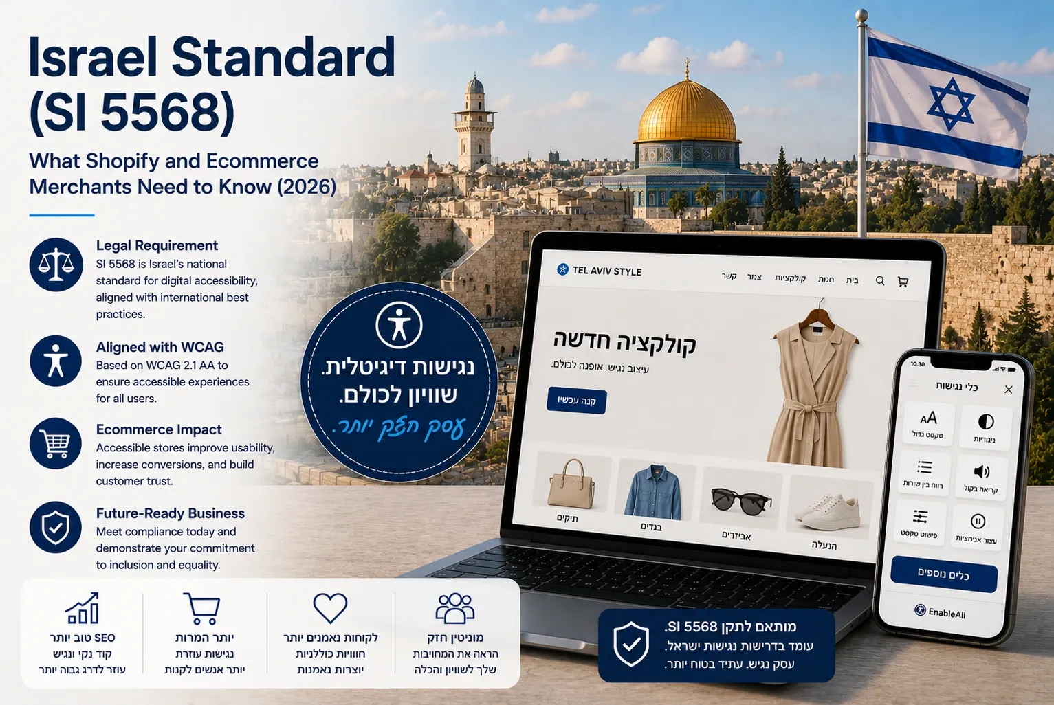 Israel Standard SI 5568 infographic for ecommerce, with Jerusalem’s Dome of the Rock and the Israeli flag beside a laptop and phone showing an accessible store in Hebrew.