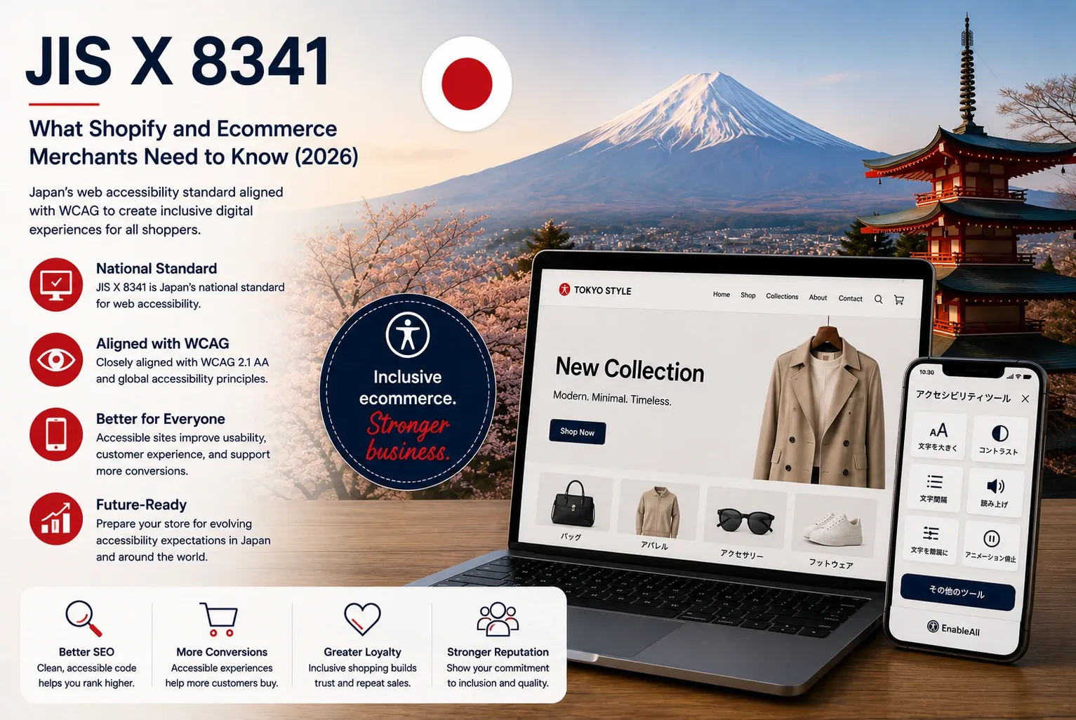 JIS X 8341 infographic on Japan’s web accessibility standard, featuring Mount Fuji, a pagoda and cherry blossoms with the Japanese flag beside a laptop and phone showing an accessible store in Japanese.