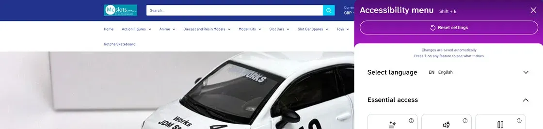 The McSlots homepage showing a toy car and the EnableAll widget activated 