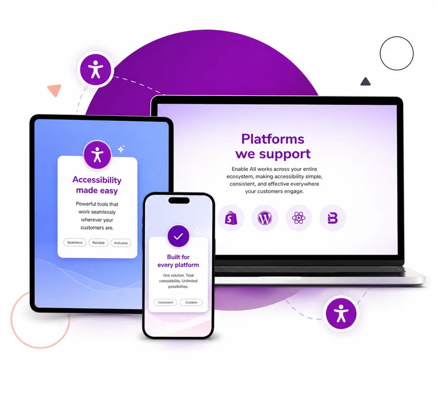 A graphic of a laptop, mobile phone and tablet with enable all branding on