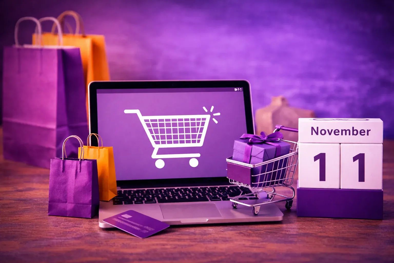 Illustration for Purple Tuesday, showing a laptop with a shopping cart icon, gift bags and a November calendar.
