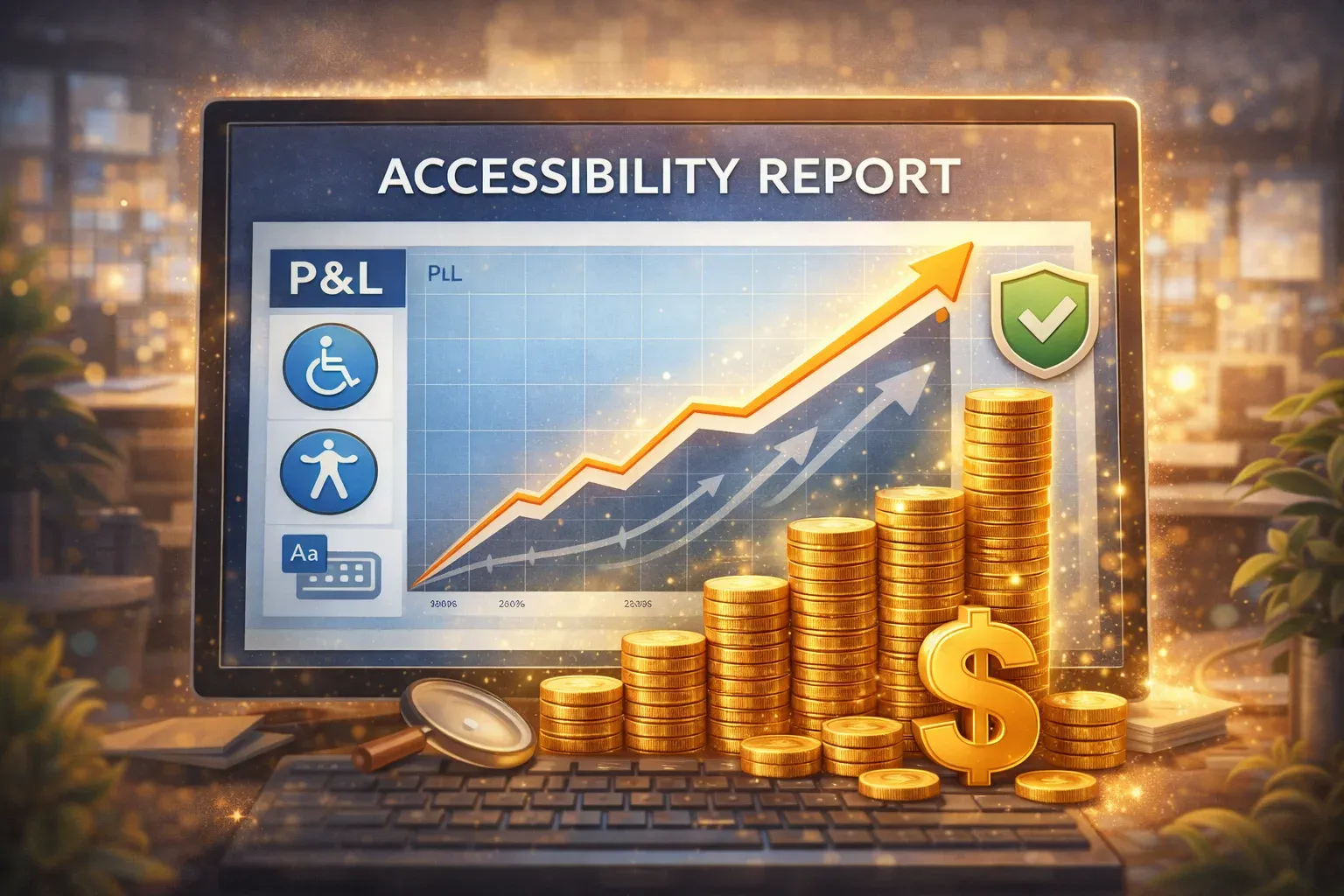 Computer screen showing an upward profit graph with accessibility icons and stacked coins, representing revenue growth.