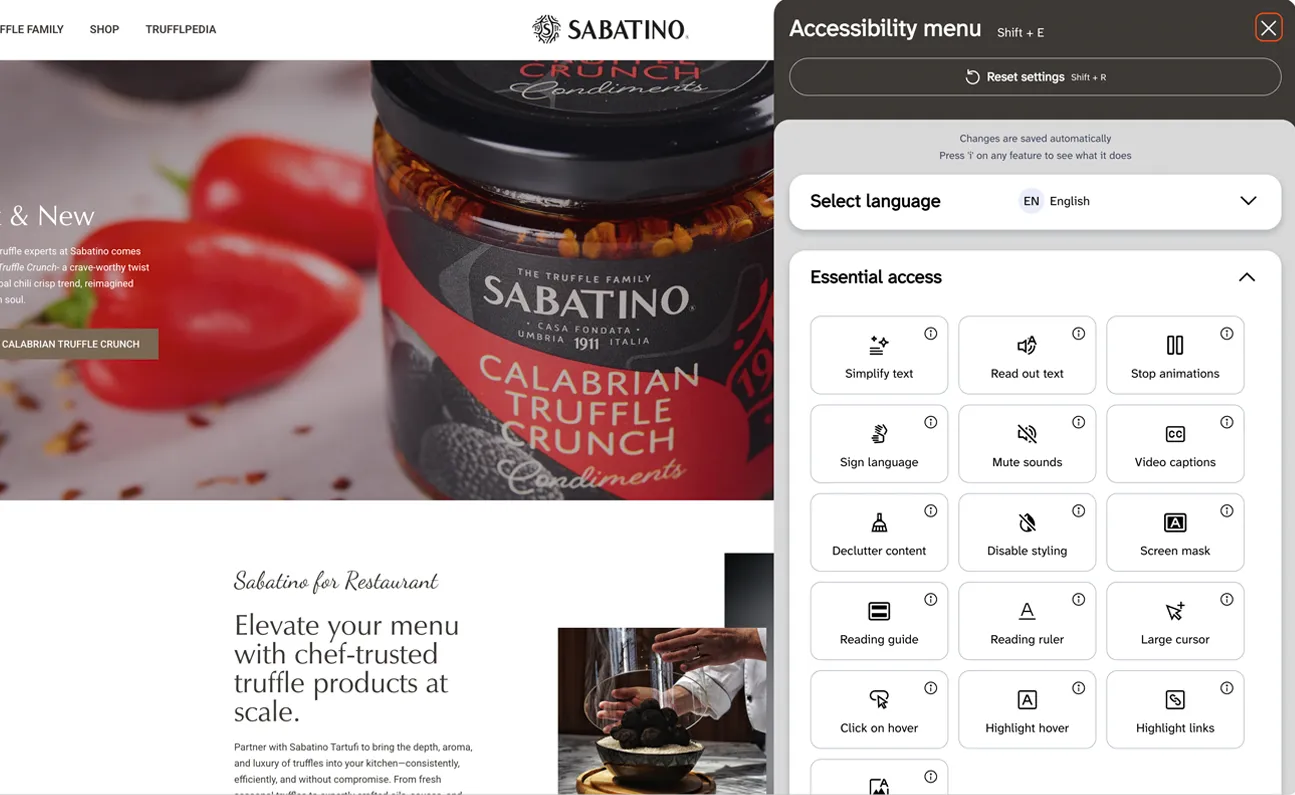 The EnableAll Assist-Bar running on the Sabatino homepage