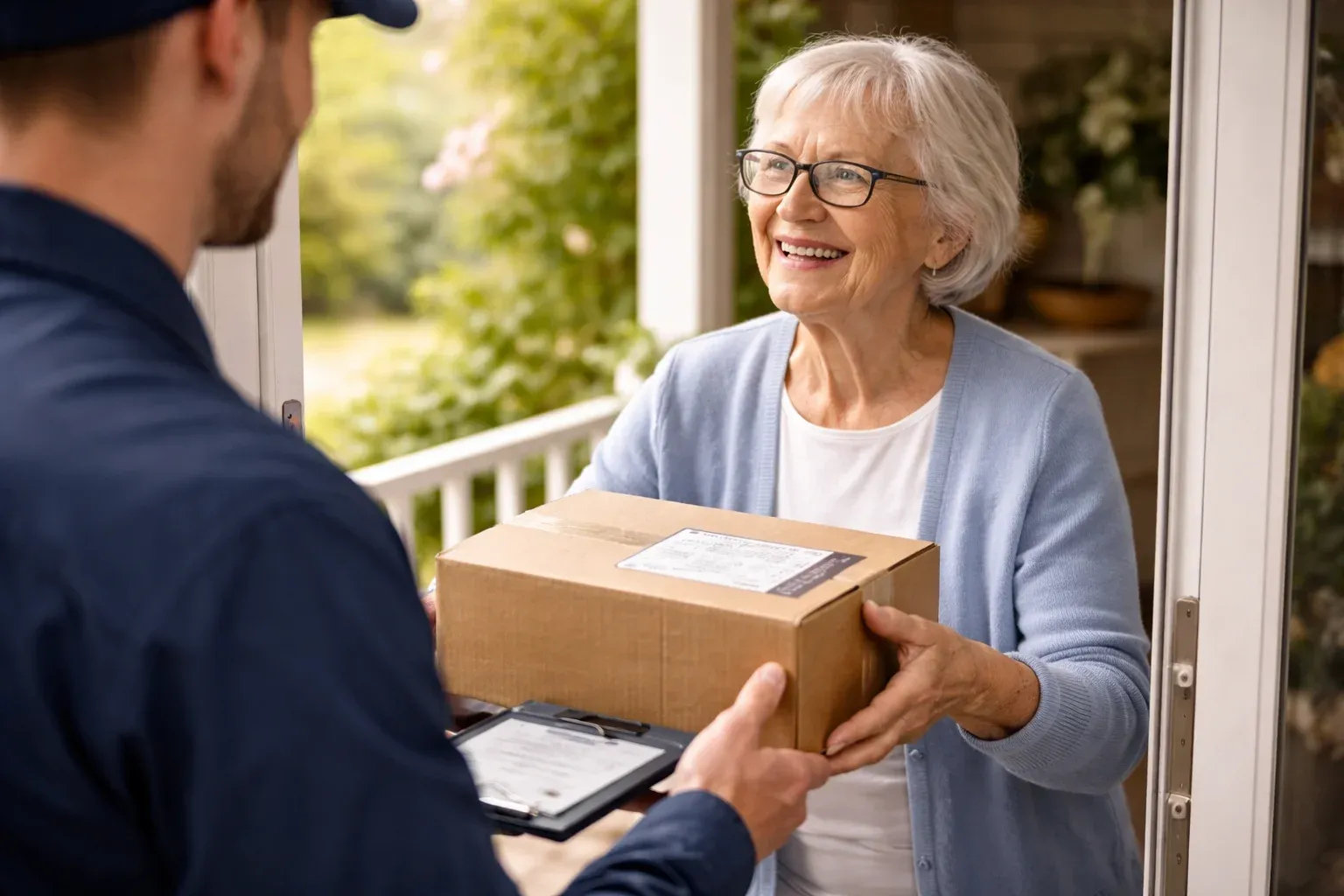 Elderly woman receiving a parcel from a delivery driver at her front door, who presents a device for confirmation.