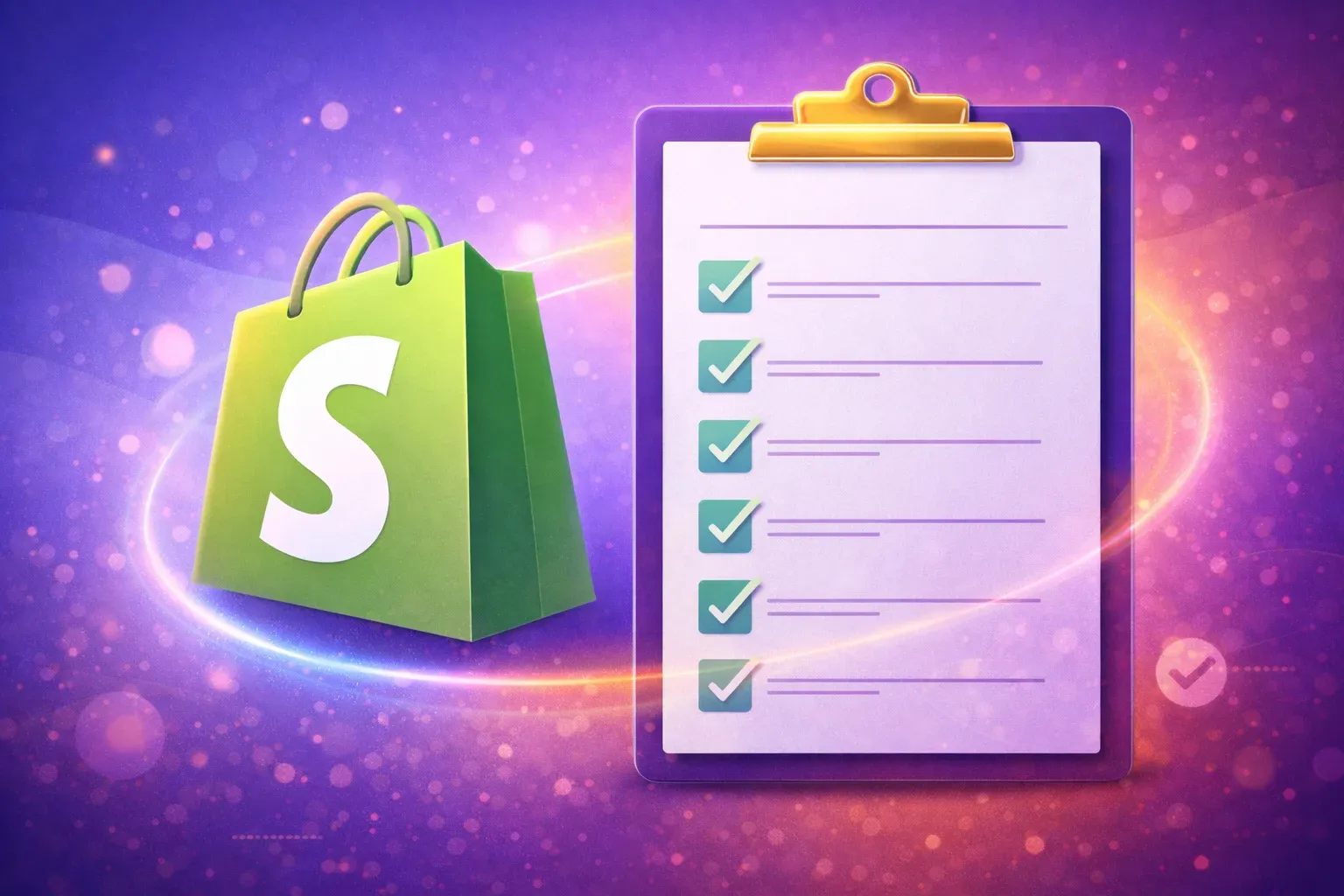Shopify logo beside a clipboard checklist with five completed items, representing steps to accessibility compliance.