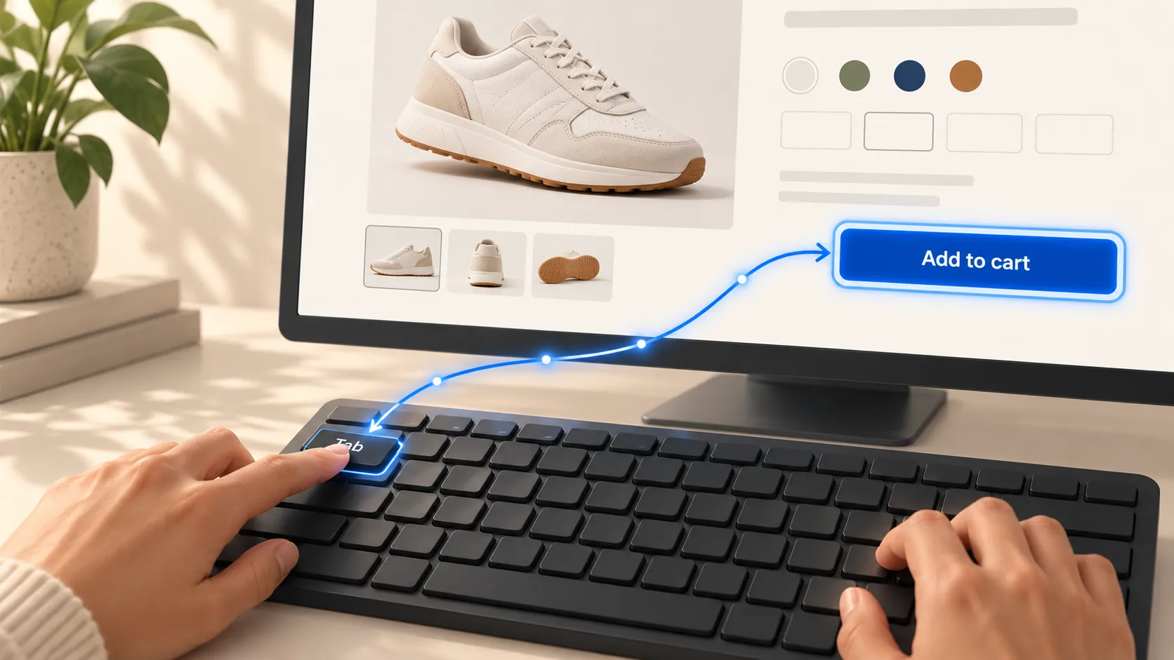 A shopper presses the Tab key, with a blue line leading to an outlined “Add to cart” button on an online store.