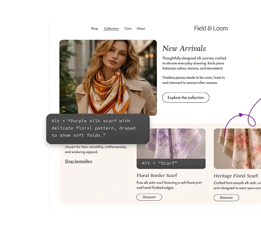 Example comparing weak alt text ('Scarf') to a detailed one describing a purple silk scarf's colour and pattern.