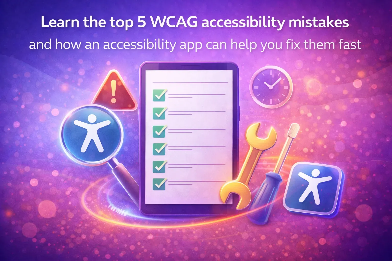 Tablet showing a checklist of five completed items, with tools and accessibility symbols, for fixing WCAG issues quickly.