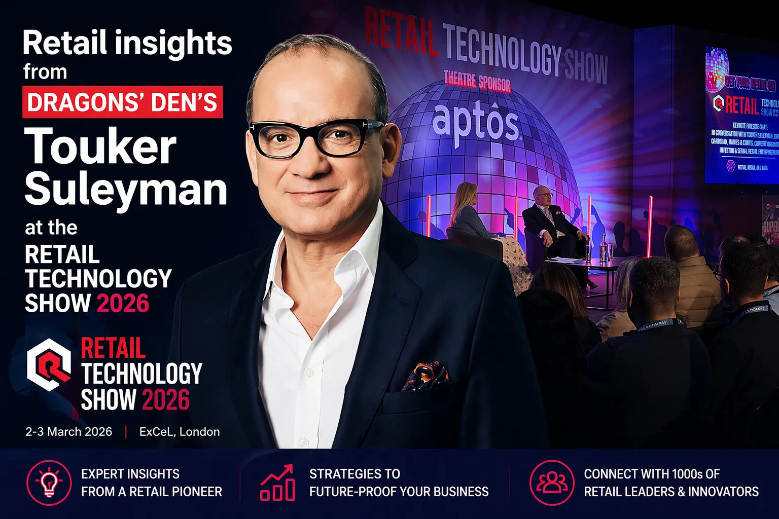 Touker Suleyman speaking at the Retail Technology Show 2026 in London, sharing retail insights with an audience during a live stage session