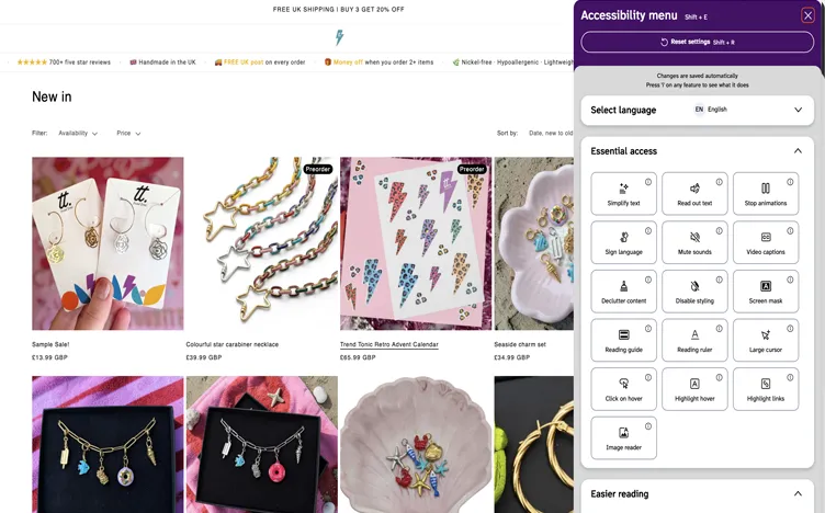 Screenshot of the Trend Tonic Shopify store with the EnableAll Assist-Bar open beside a jewellery product grid.
