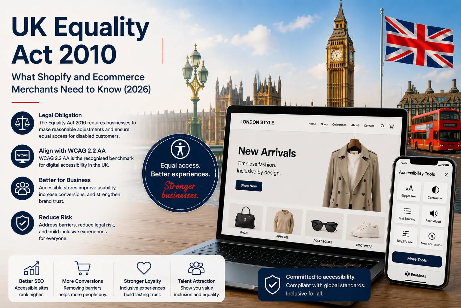 UK Equality Act 2010 infographic for ecommerce, featuring Big Ben, the Houses of Parliament, a red double-decker bus and the Union Jack beside a laptop and phone showing an accessible online store.