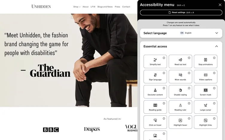 Screenshot of the Unhidden fashion website with the EnableAll accessibility menu open, showing language and speech options.