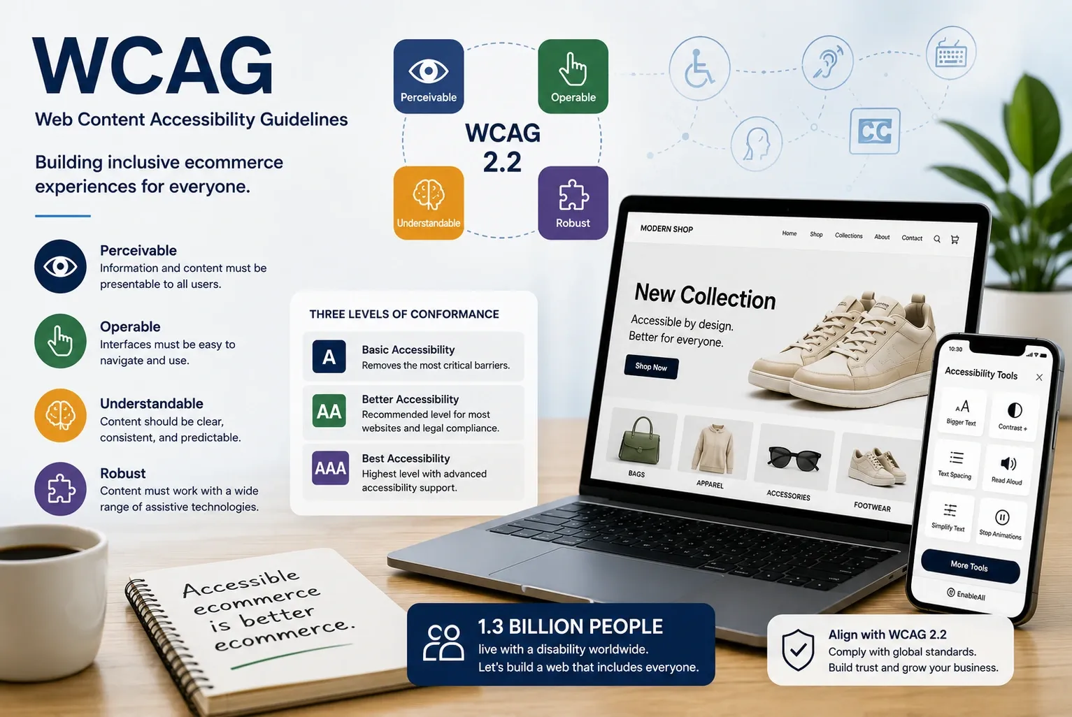 Infographic on WCAG's four POUR principles and A, AA and AAA conformance levels, beside an accessible online store.