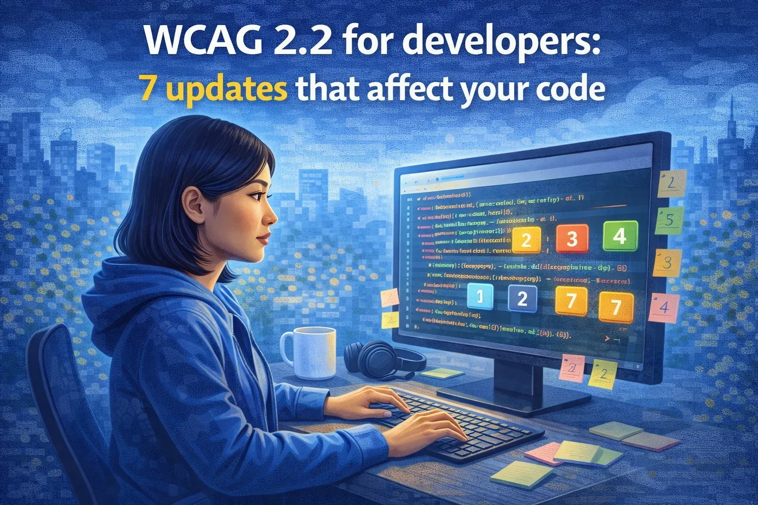 Illustration titled 'WCAG 2.2 for developers: 7 updates that affect your code', showing a developer at a computer.